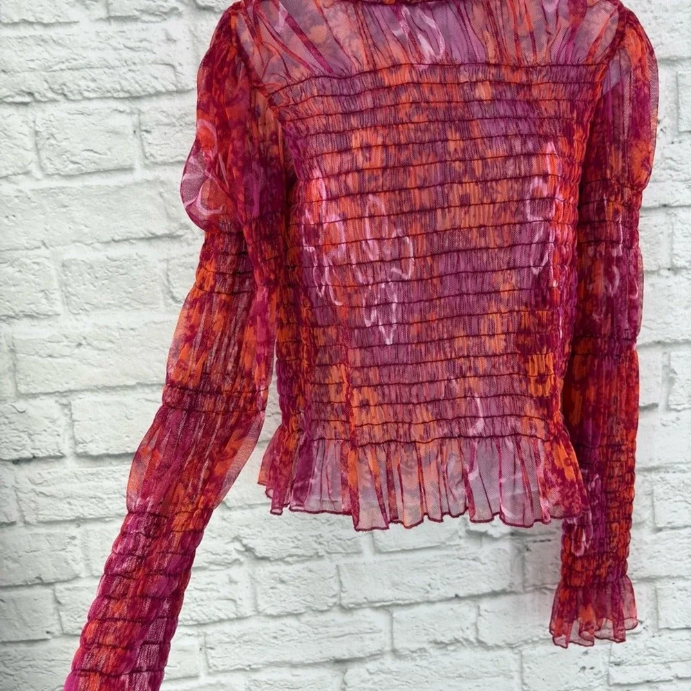 Free People Hello There Floral Boho Top Smocked Mesh See Measurements